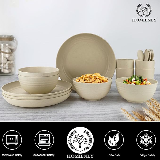 Homienly Wheat Straw Dinnerware Sets, 20pcs Lightweight Unbreakable Dinnerware, Microwave Dishwasher Safe Bowls Cups Forks Spoons set,Perfect for Camping Outdoor, Beige