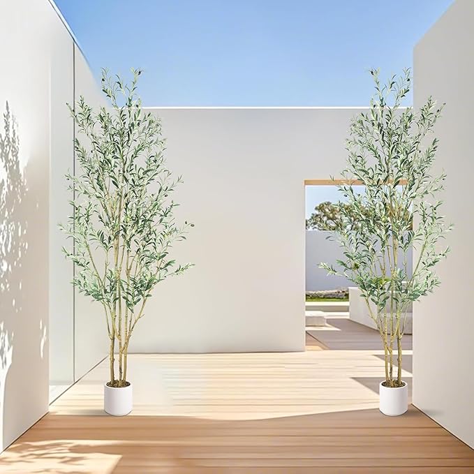 Artificial Fake Olive Tree 8FT Tall 2Pack with White Planter Faux Silk Olive Tree for Home Living Room Office Decor Faux Artificial Plants Indoor with Fruit & Free Moss