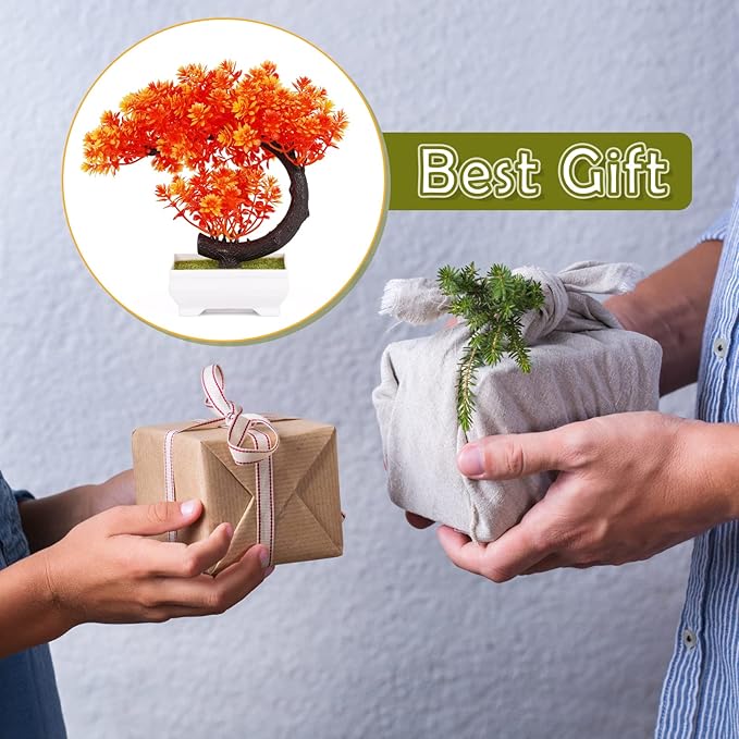 Artificial Bonsai Tree Fake Plant Fake Bonsai Tree with Plastic Pots for Home Decor Desktop Display (C Orange)