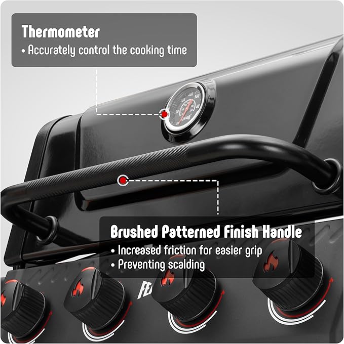 4 Burner Gas Grill, 36,000 BTU Outdoor BBQ Grill with Side Table for Outdoor Cooking & Backyard Barbecue, Premium Enameled Coated Chamber Body with Porcelain-Enameled Grates, Black