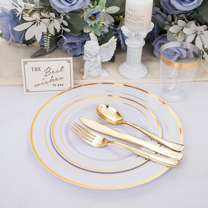 WELLIFE 150 Pcs Gold Plastic Plates, Plastic Dinnerware Set Includes: 25 Dinner plates 10.25", 25 Dessert plates 7.5", 25 gold Cups 9OZ and 25 gold Cutlery for Party