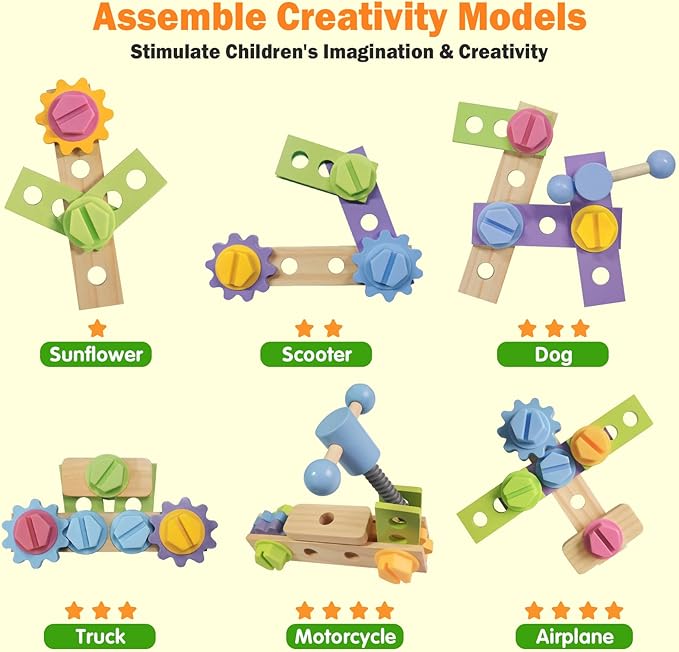 Aliex 38PCS Kids Wooden Truck Tool Set with Toy Drill for Toddlers Ages 3 4 5 6,Montessori STEM Educational Learning Construction Workbench Pretend Play Tool Kit,Birthday Sensory Gift for Boys Girls