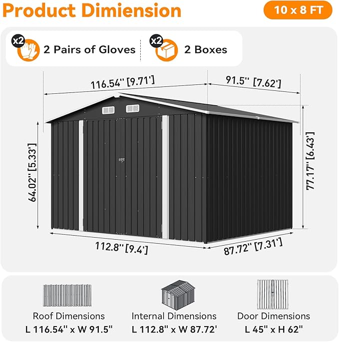 10x8FT Outdoor Storage Shed, Metal Garden Shed with Lockable Double Doors & Sloping Roof, Weather-Resistant Tool Shed for Backyard, Patio, Poolside Black