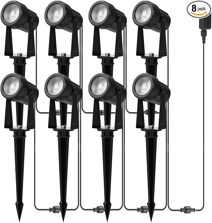 Banord Outdoor Landscape Lighting, 8 Pack Outdoor Spot Lights, Low Voltage LED Landscape Lighting with Transformer for Yard, Plant, Lawn, Garden, IP65 Waterproof & 2700K Warm White