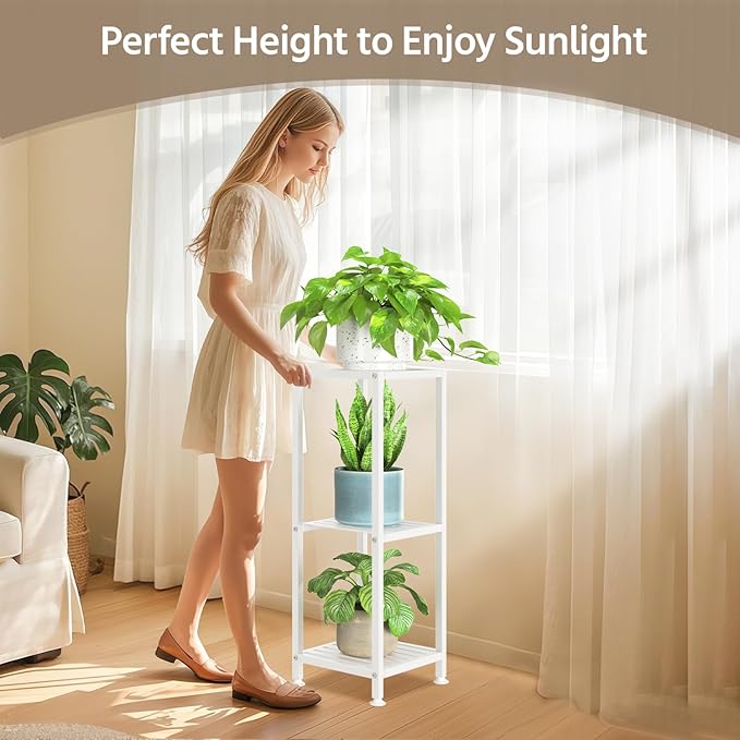 LASZOLA 3 Tier White Metal Plant Stand Indoor Outdoor for Large Planter, Modern Heavy Duty Tall Rack for Corner House Bathroom Patio Floor, Iron Flower Shelf Holder for Orchid Fern