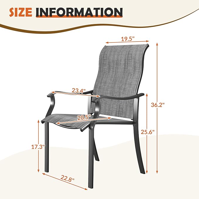 UDPATIO Patio Dining Chairs Set of 2, High Back Wide Seat Outdoor Furniture Chairs with All Weather Breathable Textilene, for Lawn Garden Backyard Deck, Dark Grey