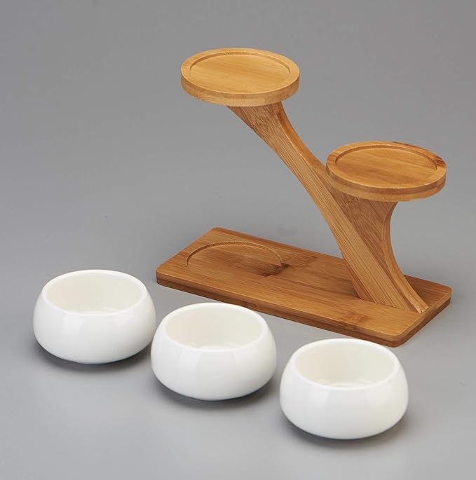 FLOWERPLUS Planter Pots Indoor, 3 Pack 3 Inch White Ceramic Decorative Small Round Succulent Cactus Flower Plant Pot with Tree Tier Bamboo Stand for Garden Kitchen Home Office Desk Decorations