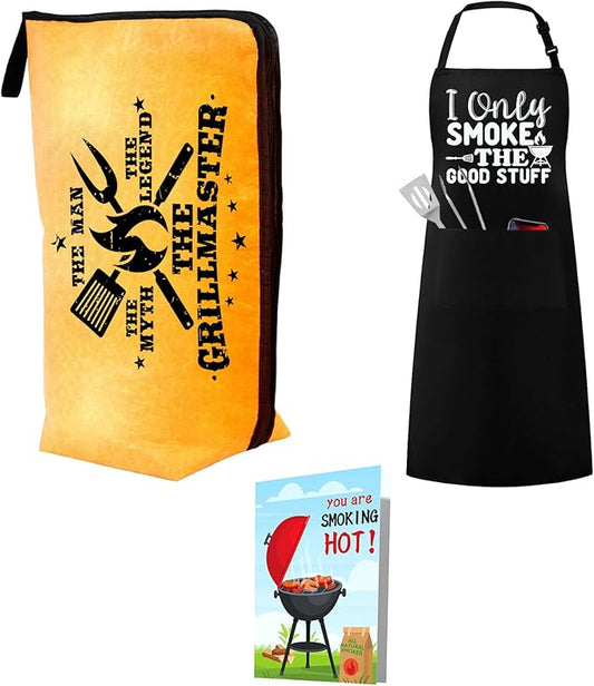 Grilling Smoker Apron & BBQ Blanket Accessories Gifts for Husband, Funny Christmas & Birthday Barbecue Accessories Tools Gifts for Men Who Have Everything
