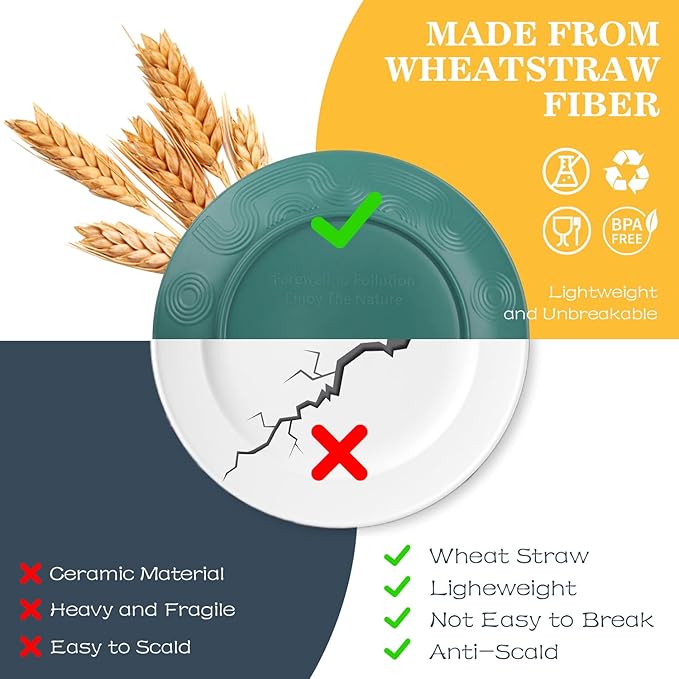 Dinnerware Sets 40 PCS Wheat Straw Plates and Bowls Sets With Cups | Service for 8 | Alternatives to Plastic Dinnerware Set Microwave Safe Dishese Set for RV Outdoor Activities Travel - Green