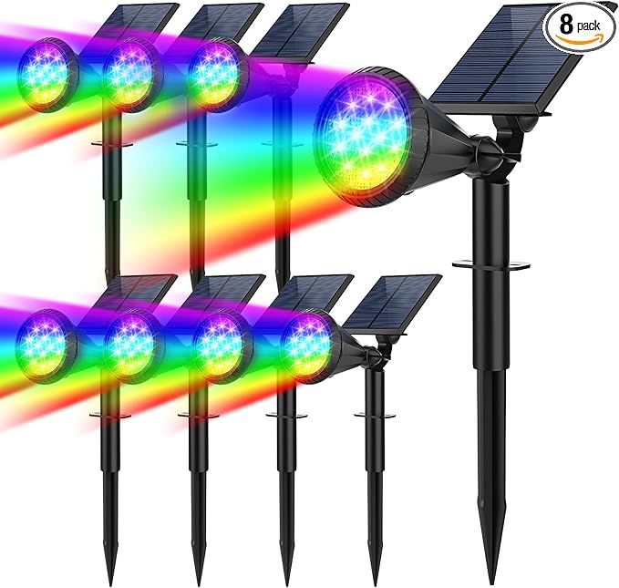 Solar Spot Lights Outdoor Color Changing, 7 Modes/14 LED Outdoor Solar Lights for Yard, Waterproof RGB Multicolor Solar Landscape Spotlights Auto On/Off for Flood, Yard, Tree, Pathway, 8 Pack