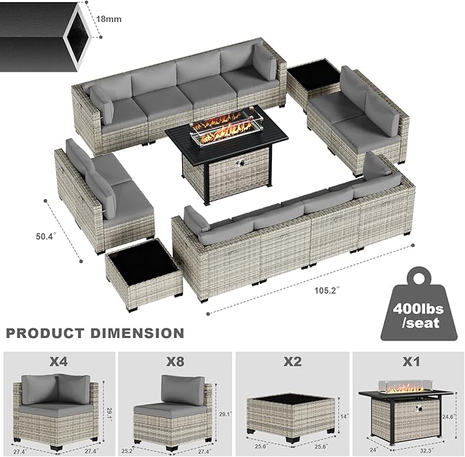 15-Piece Patio Furniture Set, Outdoor Patio Furniture with 55,000 BTU Fire Pit Table, Thick Cushions, Modular Patio Sofa, Dual-Strand Wicker Rattan, Rust-Resistant Frame, Grey