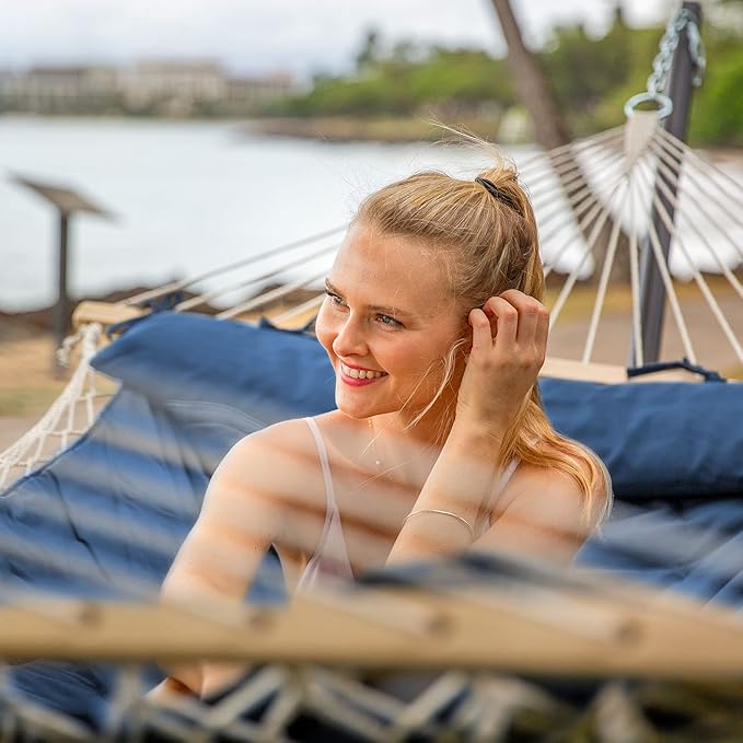 SUNCREAT Double Portable Rope Hammock with Stand Included, Outdoor Two Person Hammock with Polyester Pad, Navy