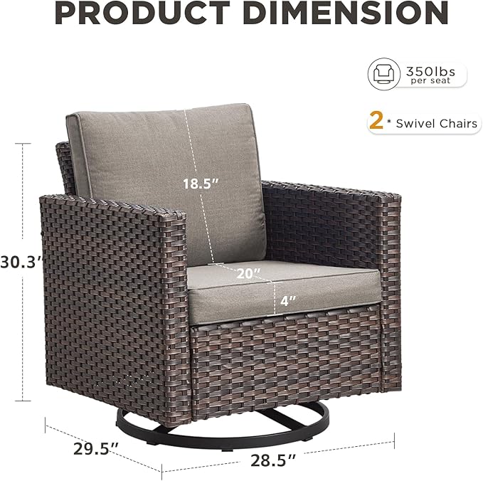 Wicker Swivel Rocker Patio Chairs-High Back Outdoor Swivel Chairs Set of 2 with Thickened Cushions Wide Armrest All Weather Patio Furniture Set for Deck Porch Balcony(Brown/Grey)