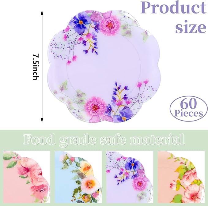 60Pcs Floral Plastic Plates - 7.5inch Dessert Plate Disposable - Heavy Duty Tea Party Plates - Premium Flower Plate Decorations for Birthday Baby Shower Wedding Party Supplies