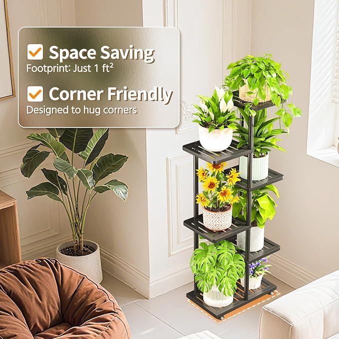 LASZOLA 5 Tier Plant Stand Indoors Outdoors for Large Heavy Duty Planter, Black Metal Tall Flower Holder Rack with Multiple Shelf for Modern Patio Corner, Vertical Organizer, Weather Resistant Bracket