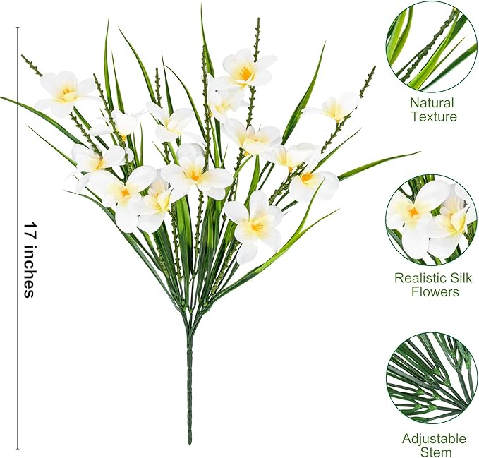 Ouddy Decor 12 Bundles Artificial Flowers for Outdoors Decoration, Fake Freesia Silk Flowers UV Resistant Artificial Plants for Summer Indoor Outside Garden Wedding Farmhouse Porch Home Decor, White