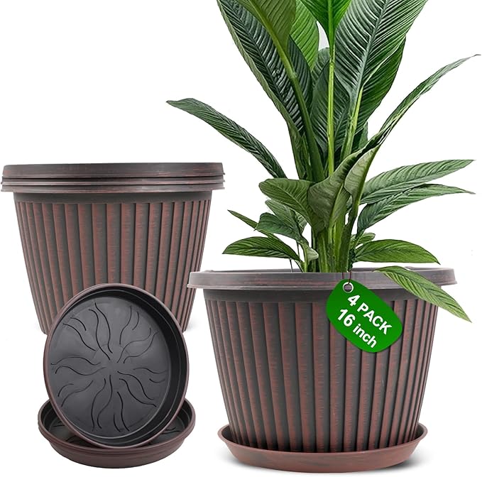 Large-Planter-Indoor-Outdoor Plant Pots, 16 inch 4 Pack Plastic Flower Pots with Saucer and Drainage Holes, Modern Garden Planters for Planting Medium Large Plants， Decorative Resin Garden Pots