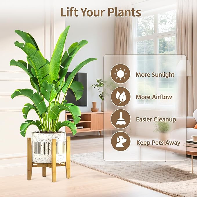LASZOLA Bamboo Adjustable Plant Stand for Single Large Indoor Planters, Heavy Duty Floor Fern Holder Fits 8 to 12 Inch Pots, Mid Century Elevated Big Stool for Flower– Pot Not Included, Walnut, 1 Pack