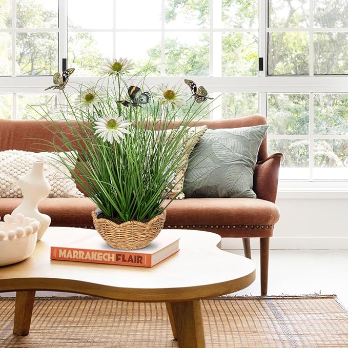 Artificial Plants Indoor with Pot, 17.3" Fake Potted Plants Artificial Onion Grass Plant with White Daisies Flowers and Butterflies Small Faux Plant Indoor for Home Living Room Table Shelf Decor