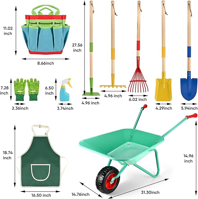 GOLDGE 10pcs Kids Gardening Tool Set - Wheelbarrow Outdoor Toy with Shovel, Rake, Pretend Weed Digging Tools, Backyard Play for Toddlers, Boys, Girls. Ideal Birthday or Valentine's Gift for Ages 3-5