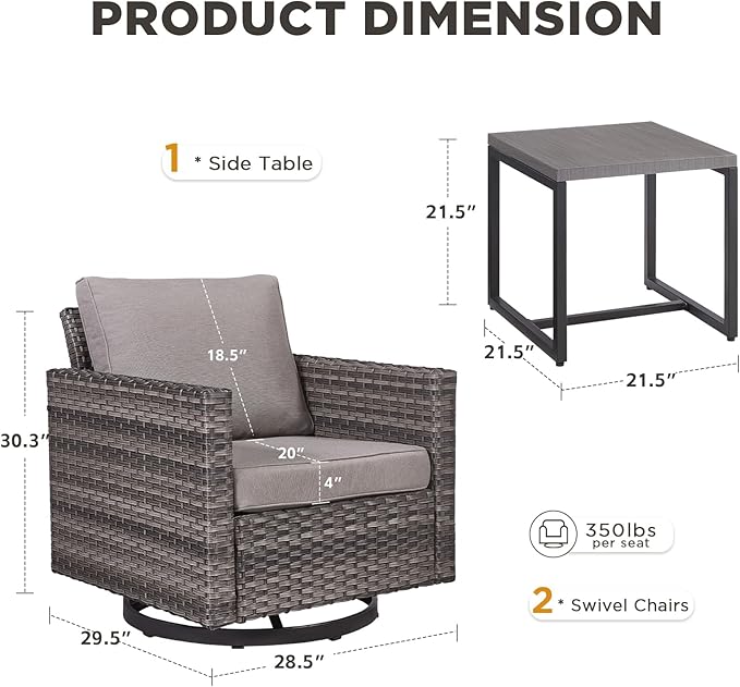 Outdoor Swivel Rocker Patio Chairs-3 Pieces Wicker Swivel Patio Chairs Set of 2 with Matching Side Table, Thick Cushions High Back Outdoor Furniture Set for Deck Porch Balcony(Grey/Grey)