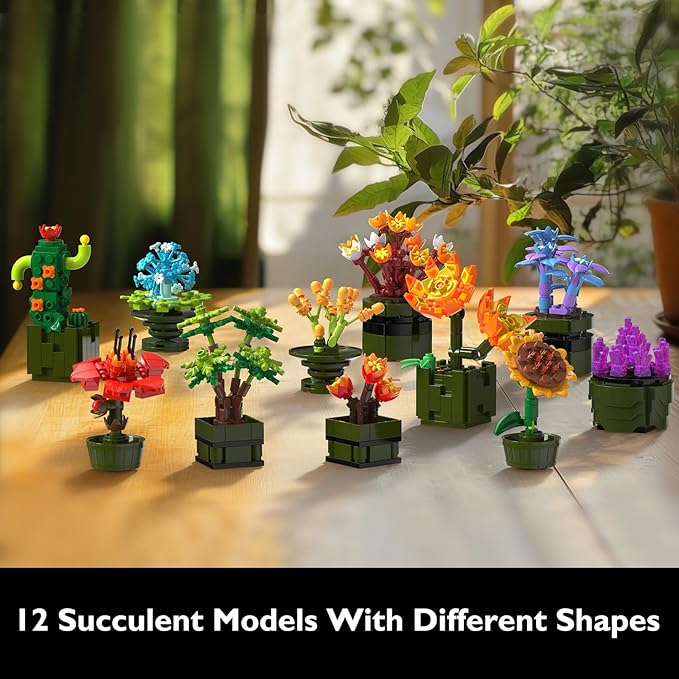 JMBricklayer Flowers Succulents Building Sets for Adults 10001, 12 Pack Tiny Plants Botanical Collection Display for Room Decor, Bonsai Flowers Building Blocks Gifts for Women, Cute Succulents