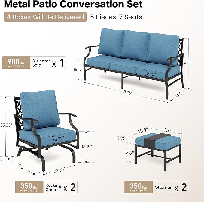 5 Piece Metal Outdoor Patio Furniture Set, Patio Conversation Sets 3-seater Sofa, 2 Rocking Chair, 2 Ottomans with 5.75" Thick Cushion, Black All-weather Frame Backyard Furniture, Navy