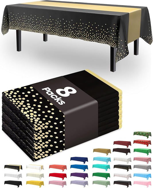 Pureegg Plastic Table Cloth Disposable 8 Pack, 54 x 108 Inch, Table Runner Style, Graduation Decorations 2025, Party Tablecloths, Rectangle, Plastic Cover, Leakproof & Sturdy, Black Gold