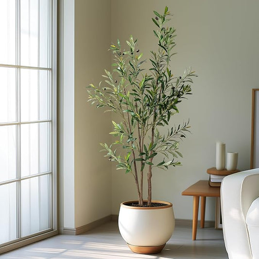 5FT Artificial Olive Tree Tall Faux Silk Plant Tall Faux Olive Tree with Natural Wood Trunk & Lifelike Fruits Fake Potted Tree or Home Office Decor