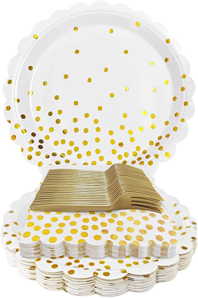 White and Gold Paper Plates and Napkins,7 Inch White and Gold Scalloped Disposable Dessert Plates Paper Napkin Fork Party Supplies for Wedding Baby Shower Birthday(25 Guest)