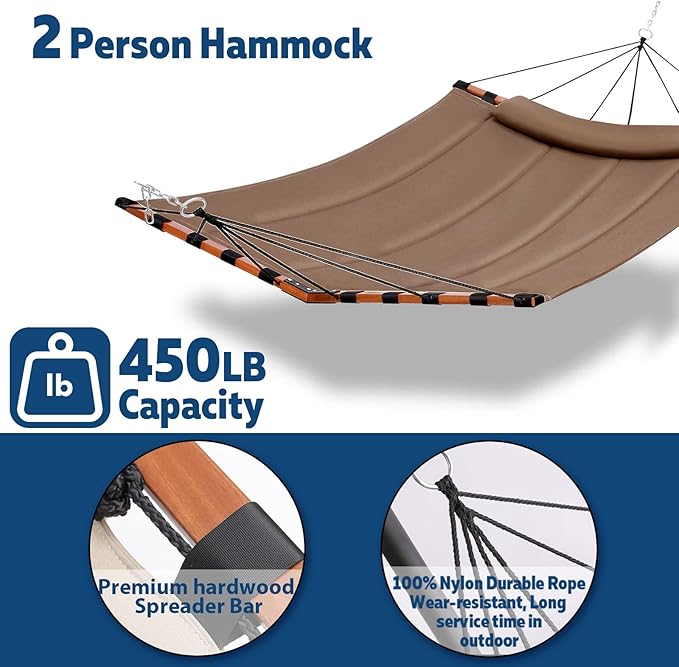 TegerDeger 12FT 2 Person Hammock Large Hammock 450LB Capacity with V Shaped Hardwood Spreader Bar & Nylon Rope for Outside, Patio, Garden, Backyard, Beach, Poolside - Brown