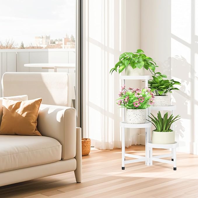 iDavosic.ly 4 Tier Folding Plant Stand Indoor Outdoor with Plastic Tray, Tiered Corner Flower Holder Shelf, Metal Orchid Display Rack for Patio Porch Living Room Garden Balcony, White