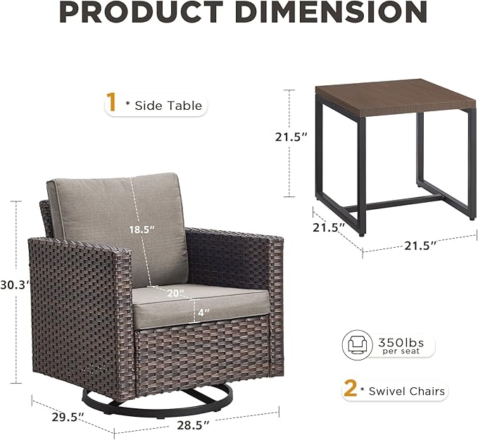 Outdoor Swivel Rocker Patio Chairs-3 Pieces Wicker Swivel Patio Chairs Set of 2 with Matching Side Table, Thick Cushions High Back Outdoor Furniture Set for Deck Porch Balcony(Brown/Grey)