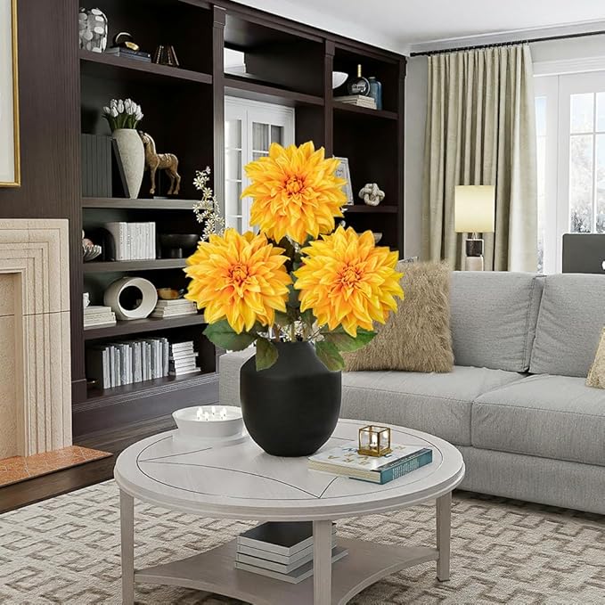 3Pcs Yellow Artificial Dahlia Flowers Fall Fake Flower Silk Flowers with Long Stem 27.5" Floral Arrangements Bouquets Autumn Faux Dahlias Flowers for DIY Wedding Party Centerpieces Home Decor