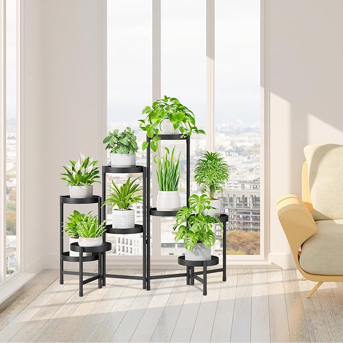 iDavosic.ly Plant Stand Indoor Outdoor, 9 Tier Corner Metal Flower Display Holder Shelf, Folding Tall Orchid Rack for Patio Balcony Porch Garden Living Room House, Black