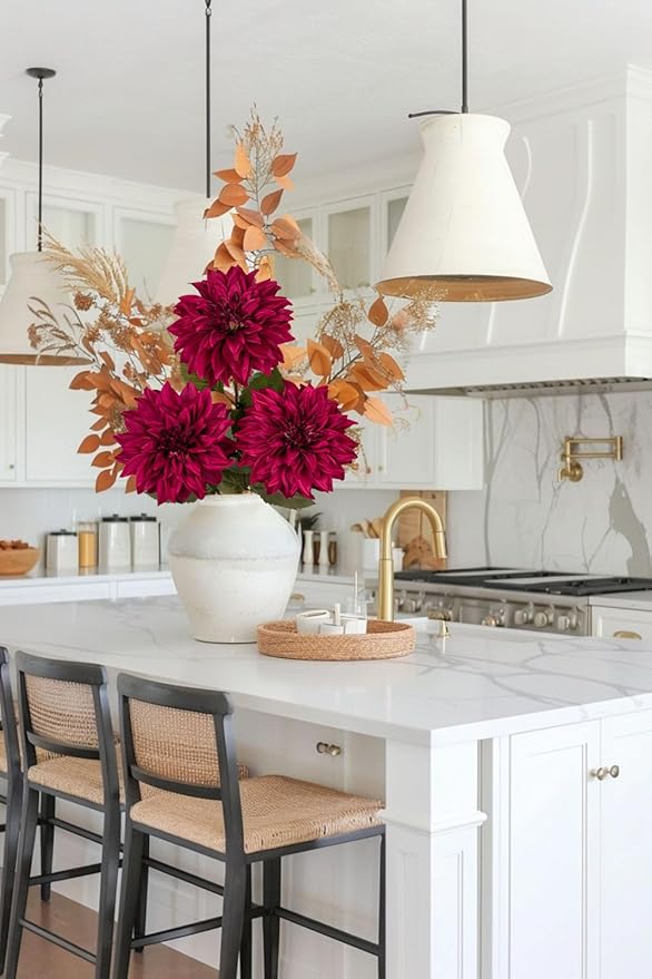 3Pcs Purplish Red Artificial Dahlia Flowers Fall Fake Flower Silk Flowers with Long Stem 28" Floral Arrangements Bouquets Autumn Faux Dahlias Flowers for DIY Wedding Party Centerpieces Home Decor