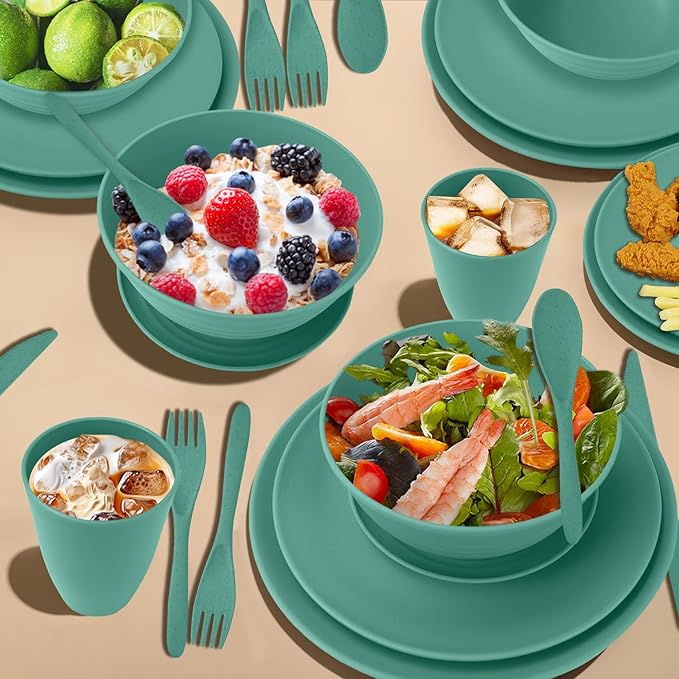 Wrova 64-Piece Service for 8 Dinnerware Set - Unbreakable Wheat Straw Dinnerware sets of 64 - Dinner plates/Snack plates/Cereal bowls/Drinking Cups/Cutlery for Outdoor camping and indoors.Green