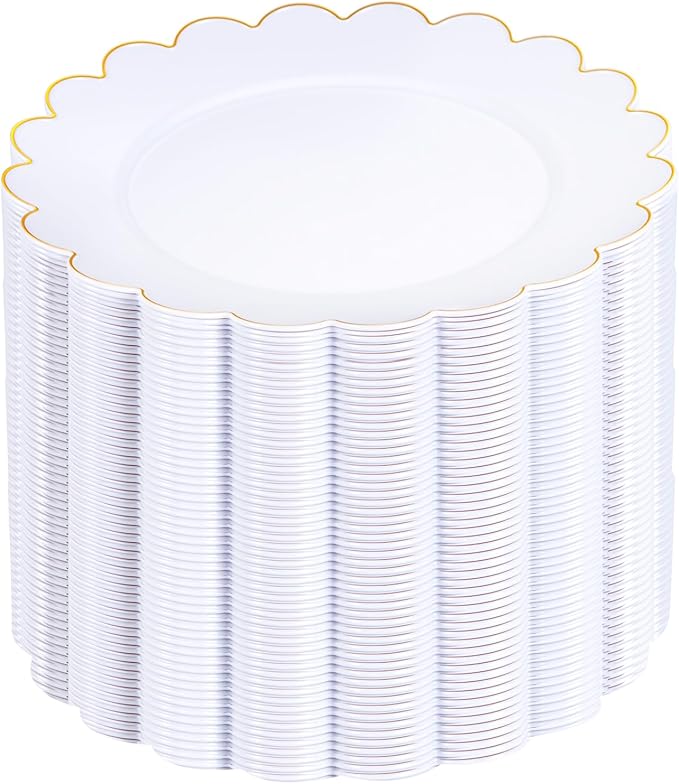 SUT 72Pcs Plastic Plates-7.5inch White Dessert Plates with Gold Trim, White Disposable Plates, Disposable Plates,Fancy Plastic Plates, Heavy Duty Plastic Plates for Wedding & Parties