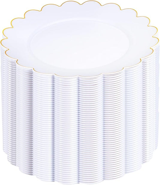 SUT 72Pcs Plastic Plates-7.5inch White Dessert Plates with Gold Trim, White Disposable Plates, Disposable Plates,Fancy Plastic Plates, Heavy Duty Plastic Plates for Wedding & Parties