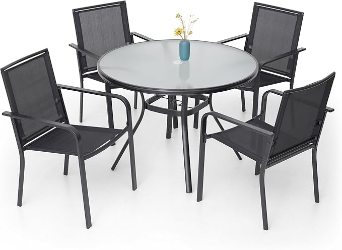 5-Piece Outdoor Patio Dining Set, 40-Inch Round Glass Table with 4 Stackable Chairs, Black