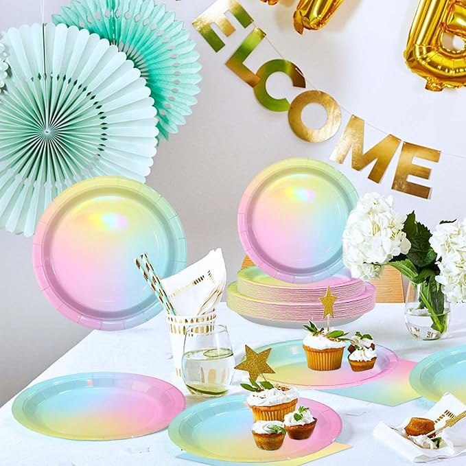 96Pcs Pastel Rainbow Birthday Party Supplies Iridescent Pastel Plates and Napkins Tableware Sets Rainbow Party Decorations for Girls Baby Shower Sprinkle Valentine's Day Party Favors Serves 24