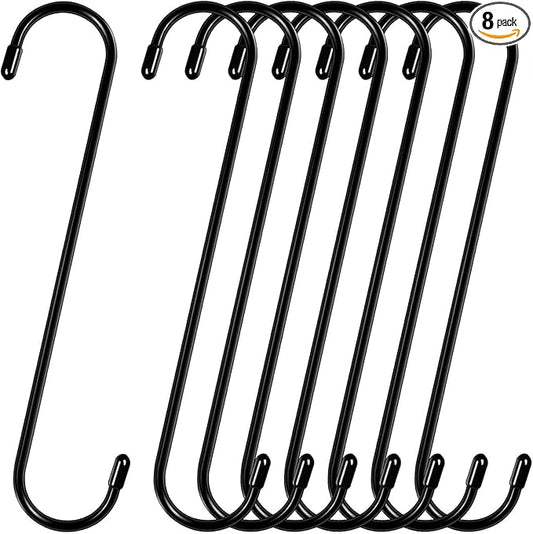 8 Pack 10 inch Extra Large S Hooks Black Long S-Shaped Hooks for Hanging Plants Heavy Duty Utility Hooks for Kitchenware,Utensils,Pergola,Closet,Flower Basket,Garden,Patio, Outdoor