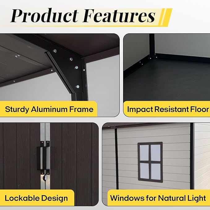 8x14ft Resin Outdoor Storage Shed with Floor and 2 Windows, Plastic Sheds & Outdoor Storage Clearance for Patio Furniture, GardenTools, Bike Accessories and Lawn Mower, Brown+White