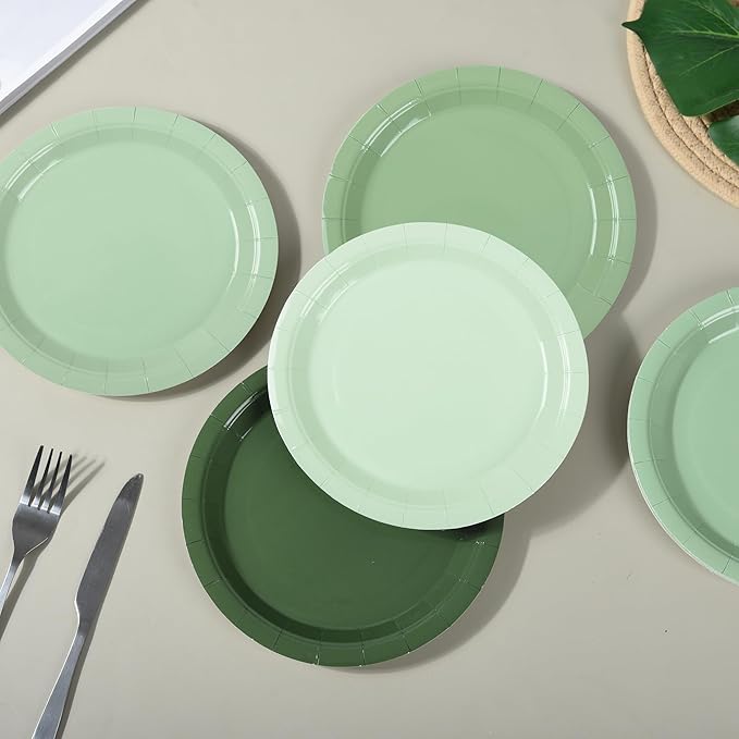 48Pcs Sage Green Paper Plates Gradient Green Party Plates 7”Disposable Round Dessert Plates for Birthday Wedding Bridal Baby Shower Christmas Party Supplies 4 Colors