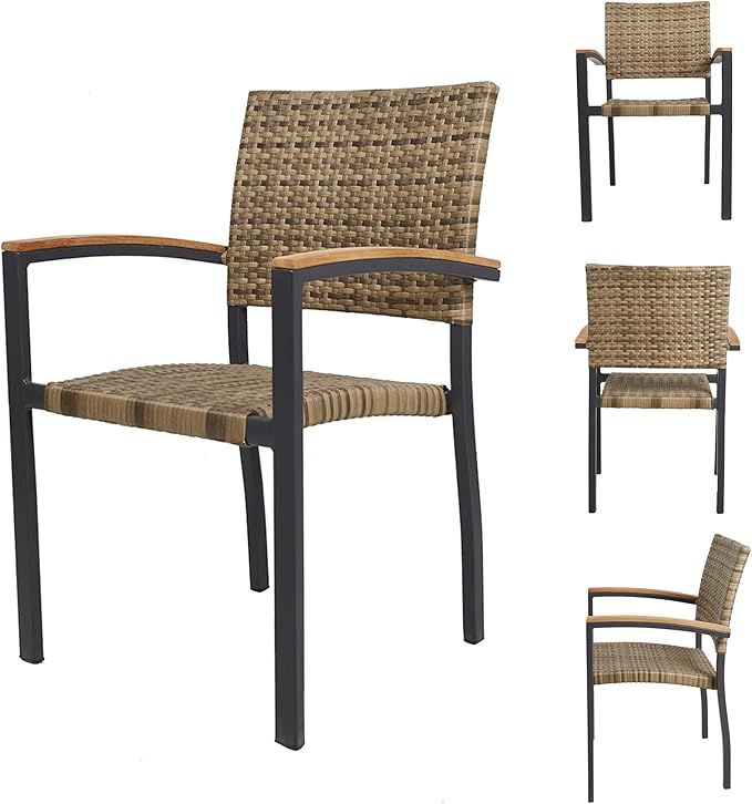 TRY & DO Patio Dining Chairs Set of 4,Outdoor Wicker Stackable Dining Chairs with Wooden Armrest PE Rattan Aluminum Frame Patio Furniture Sets for Garden, Balcony, Lawn and Indoors (Brown)