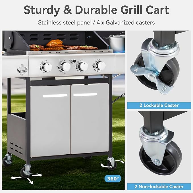 GREEN PARTY 4 Burner BBQ Propane Gas Grill with Side Burner & Porcelain-Enameled Cast Iron Grates, 545 SQIN Grilling Area 42,000 BTUs Barbecue Grill for Outdoor Cooking Garden Patio Backyard, Silver