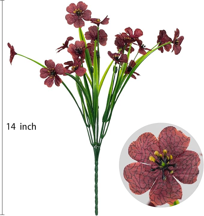 15 Bundles Artificial Flowers UV Resistant Outdoor Plants No Fade Faux Plastic Shrubs Fake Silk Flowers Window Box Garden Porch Home Decoration (Wine Red)