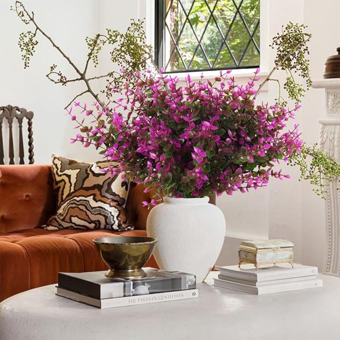 RECUTMS Artificial Flowers, Fake Outdoor UV Resistant Plants Faux Plastic Greenery Shrubs Indoor Outside Hanging Planter Home Kitchen Office Wedding, Garden Decor(Fuchsia Eucalyptus)