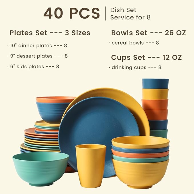 Homienly 40-Piece Premium Wheat Straw Dinnerware Sets, Service for 8, Unbreakable Plates and Bowls Set - Cups Sets, Dinner Plates, Bowls for Kitchen,Dishwasher and Microwave Safe Dishes Set - Multi