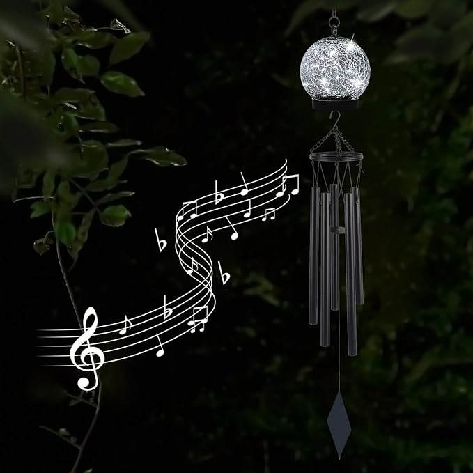Wind Chimes Outdoor Solar Lights, 42 Inch Large Sympathy Chime 15 Cool White LEDs Crackled Glass Ball Birthday Gifts for Women Decorative Hanging in Garden, Yard, Patio, Landscape